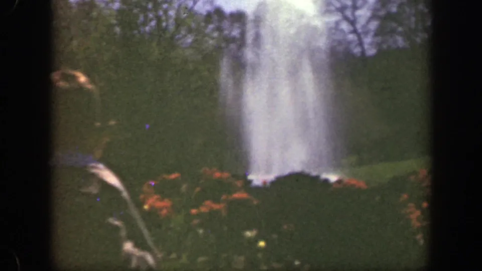 A young boy appears in partial profile near red flower beds as a tall Cincinnati park fountain sprays in the background.