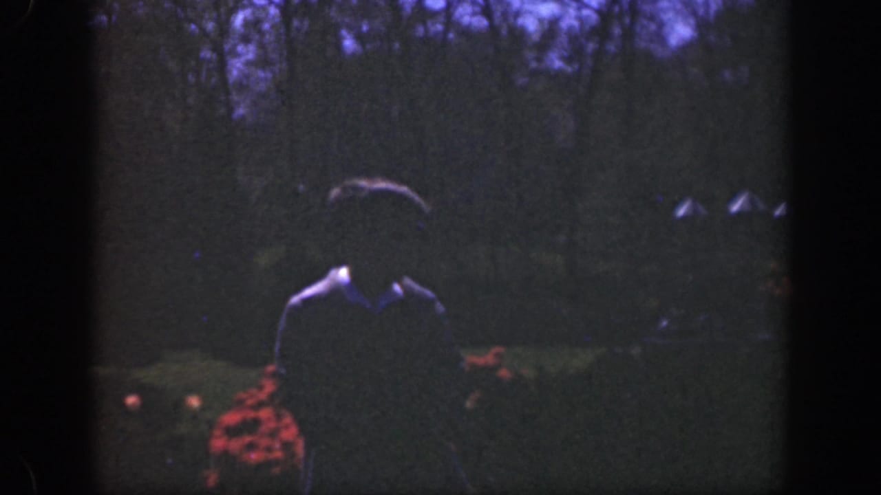 Dark-clothed figure walking in a dim garden with red flowers and trees behind.