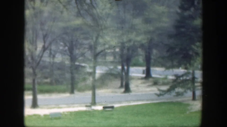 1949 Cincinnati park scene with a curving path, lawn, benches, leafing trees, and a dark vertical frame in front.