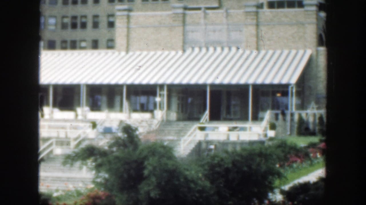 Brick building entrance with striped awning, steps, shrubs, and flower beds seen through a dark window frame.