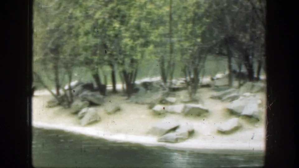 Vintage 8mm frame of a quiet pond shoreline with trees, rocks, and pale sandy ground, with no people visible.