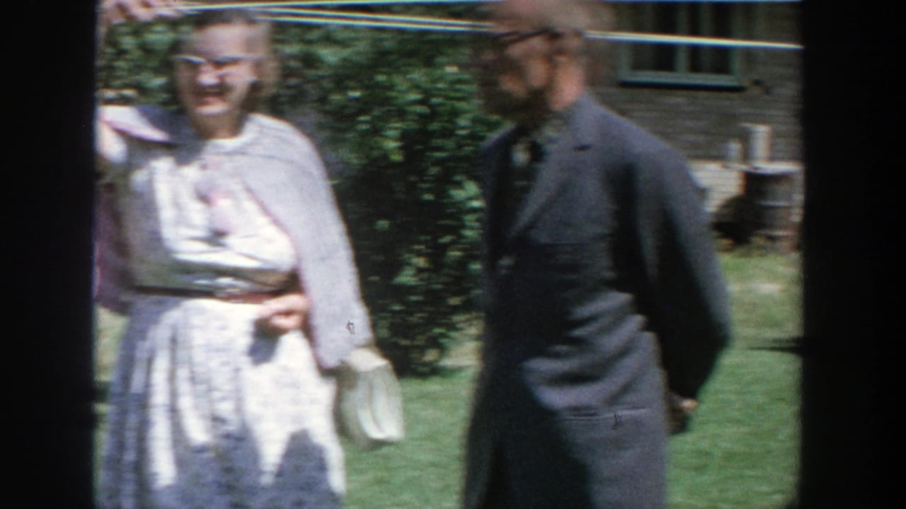 Older woman and man standing on a lawn near shrubs and a house.