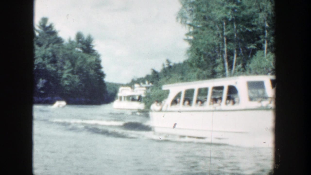 White tour boat passes along a wooded river with passengers visible through side windows.