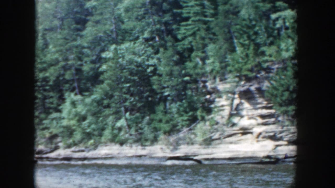 Wooded riverbank with exposed rock seen across rippled water.