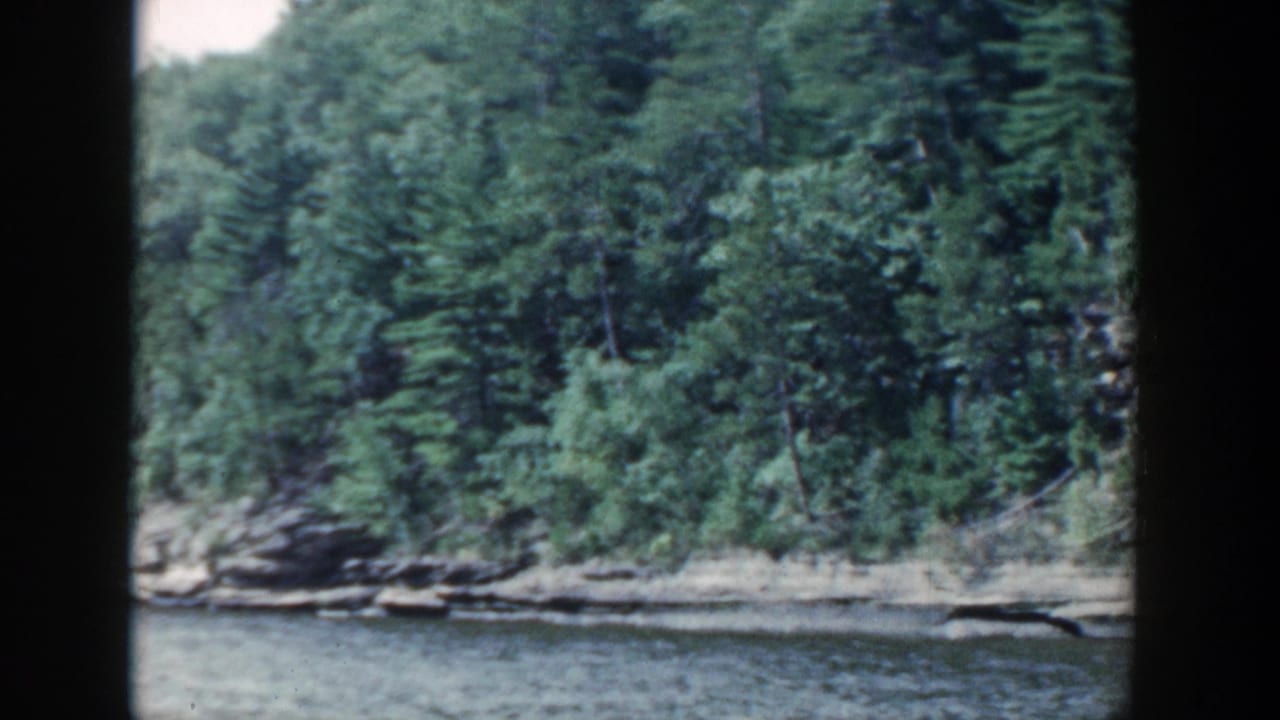 1964 Wisconsin home-movie view of a green wooded riverbank with layered rocks along the waterline.