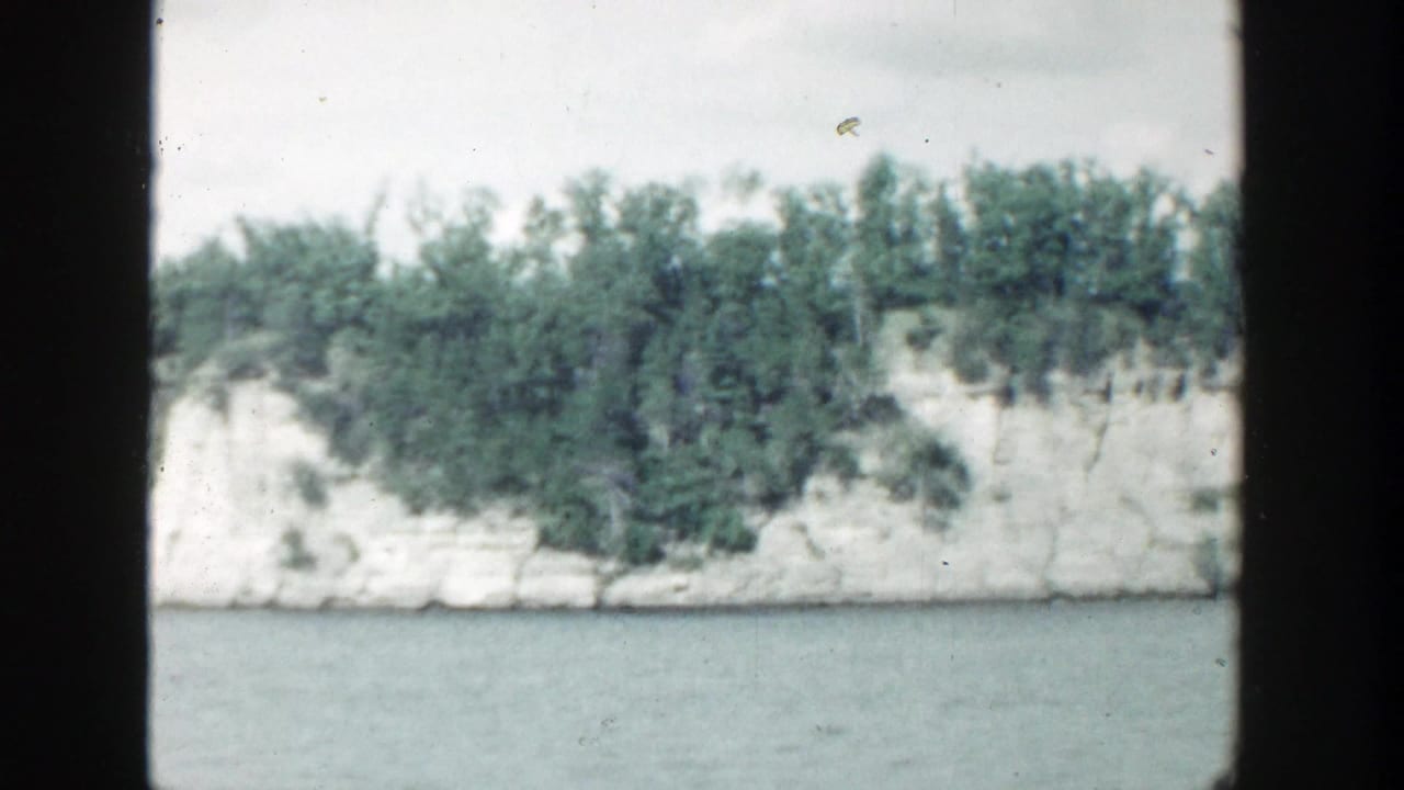 Rocky tree-lined shoreline across calm water under a pale sky.