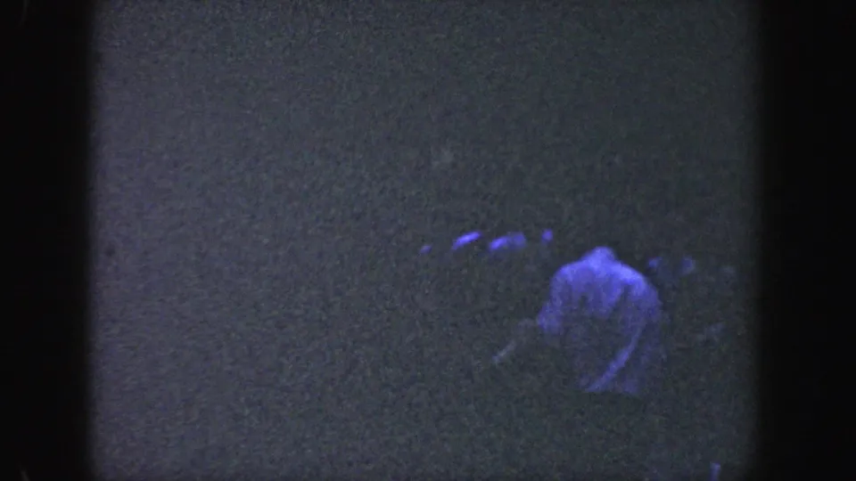 1964 Wisconsin home-movie frame with a distant man in a pale shirt amid dark trees and blue-purple low light.