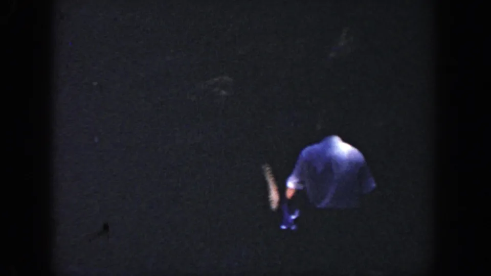 1964 Wisconsin 8mm frame with an adult man seen from behind, walking away through a dim wooded area.