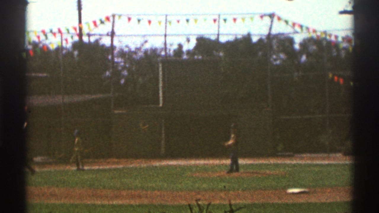 Fenced field with small distant people and pennant flags in bright daylight.