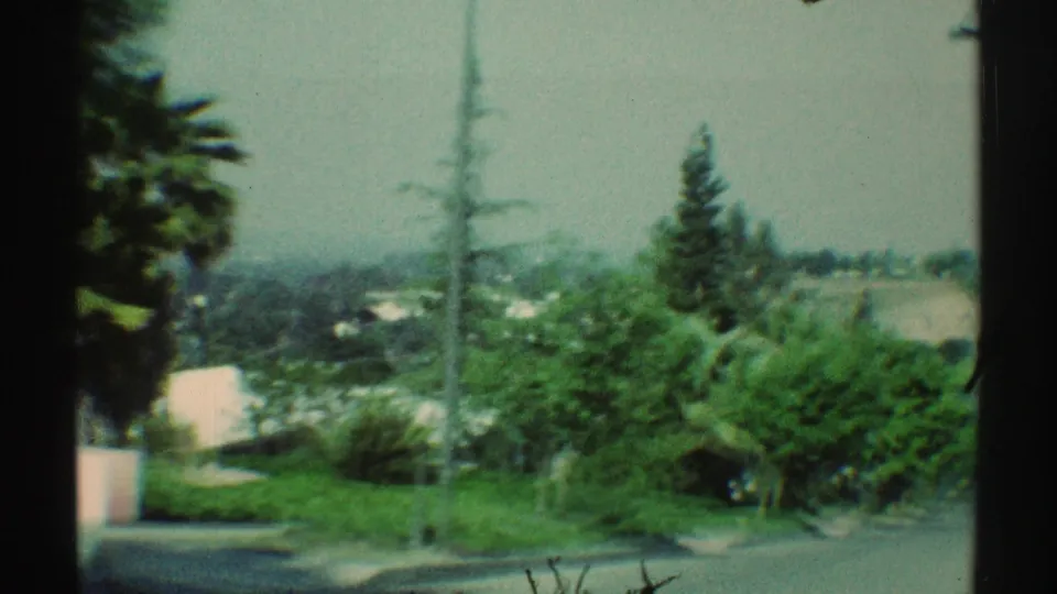 1969 Woodland Hills frame looking across a suburban street toward trees, a utility pole, rooftops, and hazy hillside homes.