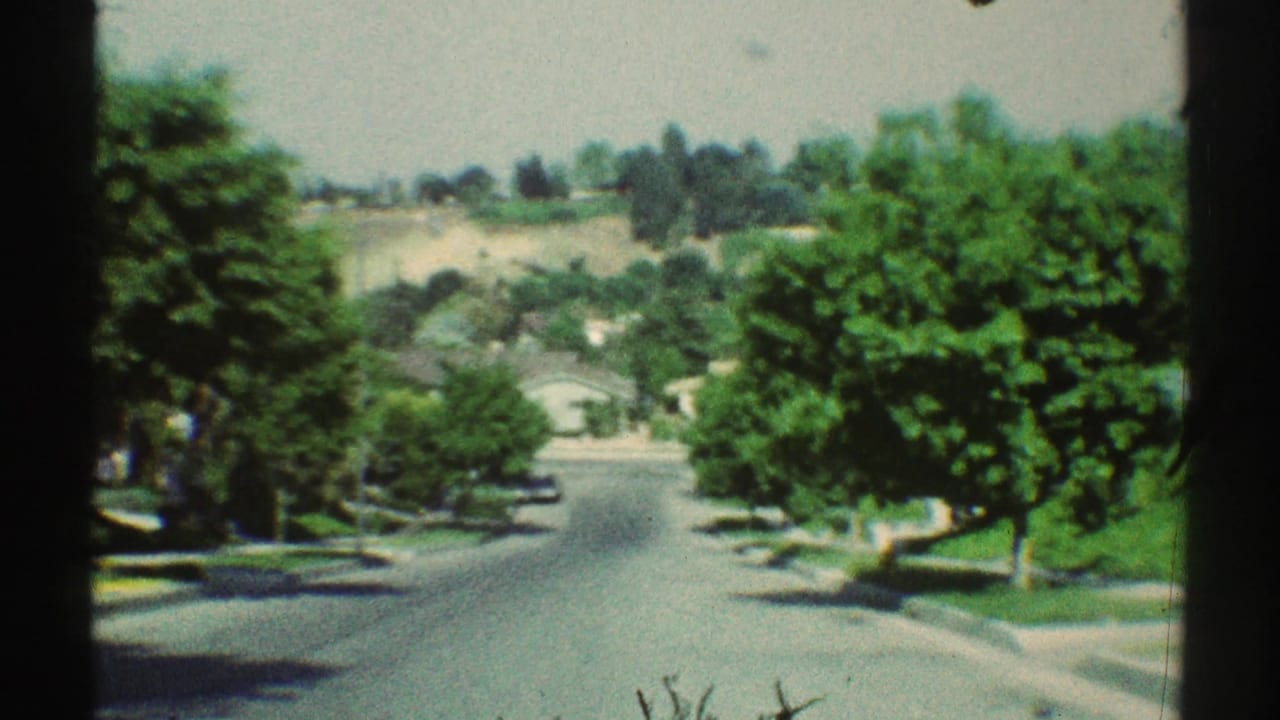 Sunlit suburban road with trees, sidewalks, lawns, parked cars, and distant dry hills.