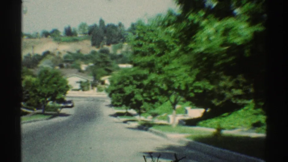 Woodland Hills, California street view from 1969 with trees, parked cars, sidewalks, lawns, and low houses in the distance.