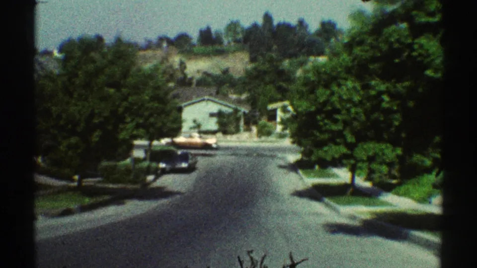 Late-1960s Woodland Hills street view showing parked cars, leafy trees, sidewalks, low houses, lawns, and a dry hillside in the background.