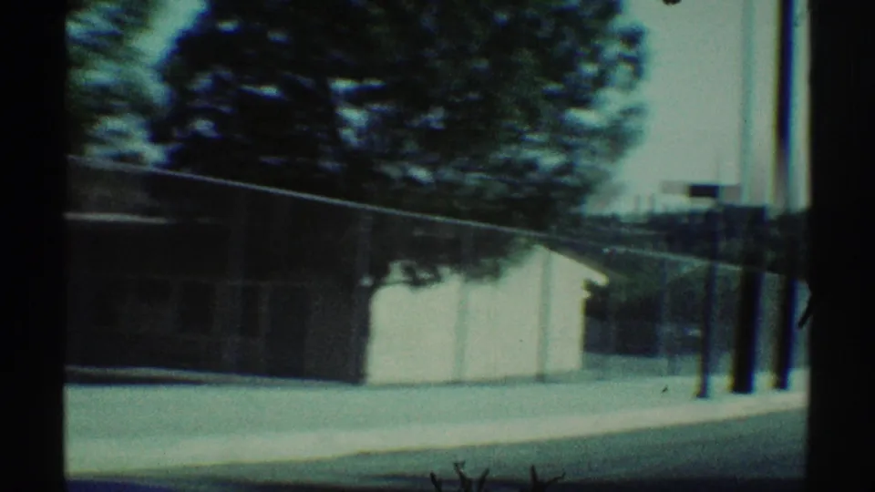 1969 Woodland Hills roadside view through a moving vehicle window, with a fence, trees, utility poles, and a small light-colored building.