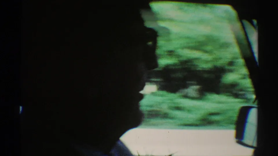 The driver’s side profile remains mostly silhouetted as trees and a residential street blur past outside the moving car.