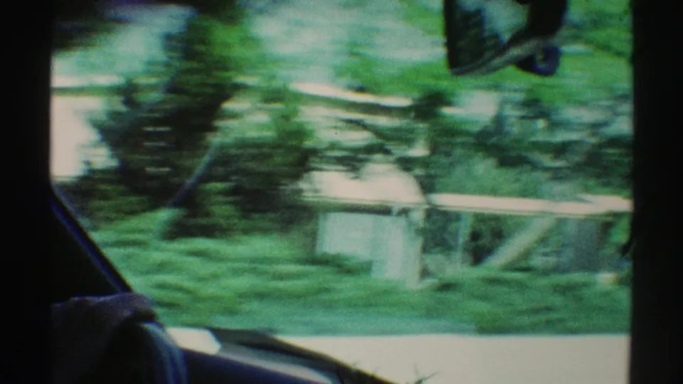 From inside the moving car, a suburban home, lawns, and trees pass outside while part of a passenger arm appears near the window edge.