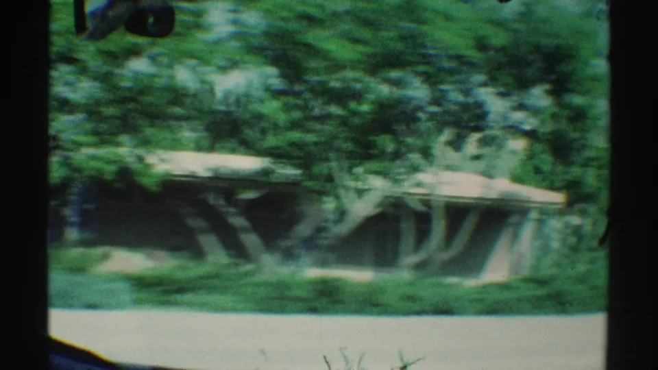 1969 Woodland Hills car-window view with motion-blurred trees, a green lawn, sidewalk, and a low roadside structure.
