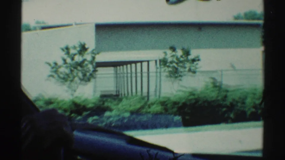 Moving-car view in Woodland Hills, California, showing a low building, planted shrubs, trees, and the car interior edge.