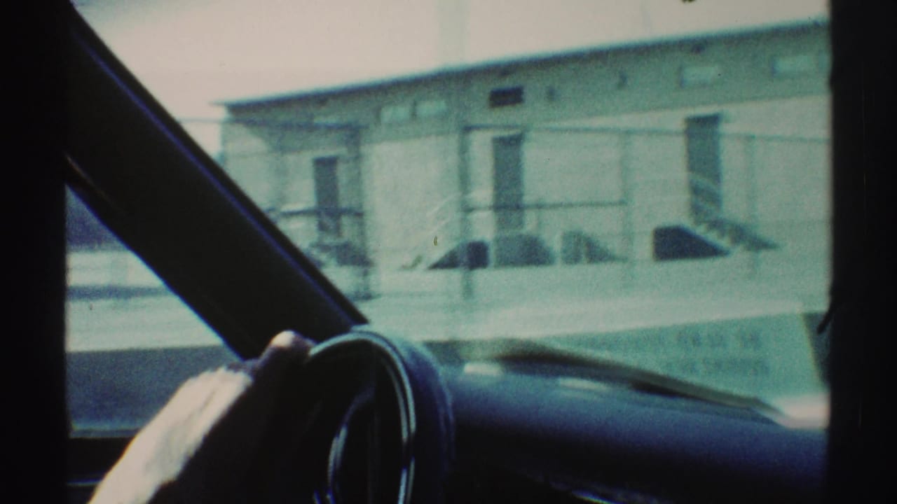Car interior view with a hand on the steering wheel and a roadside building beyond the windshield.