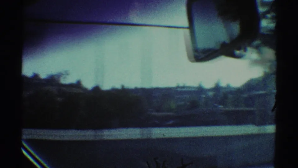 From inside a moving car in Woodland Hills, the frame shows a side mirror and blurred trees beyond the window.