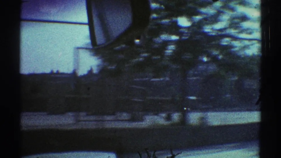 1969 car-window view with heavy motion blur, passing trees, open roadside ground, and low structures in Woodland Hills.