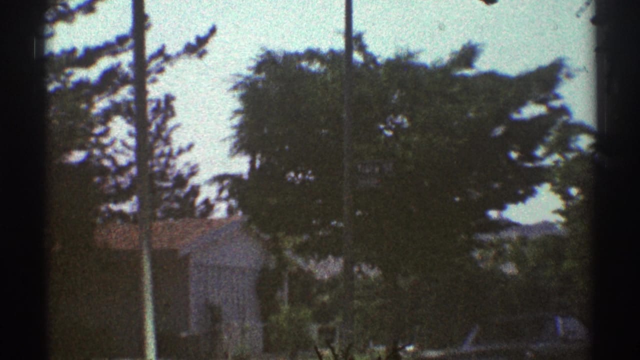 Tree-lined residential street with a small house, utility poles, and dark film edge.