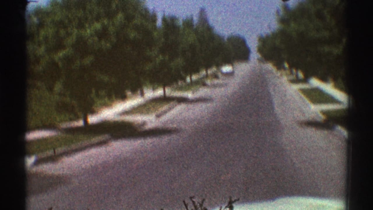 1969 Woodland Hills home-movie view down a shaded residential street from inside or near the front of a moving car.
