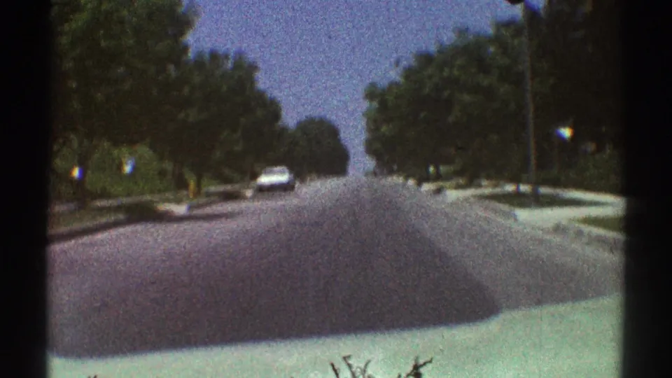 Woodland Hills, California street view from 1969 showing a broad residential road bordered by trees and sidewalks.
