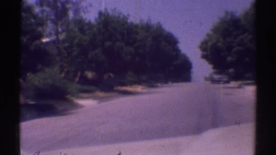 Late frame from the 1969 Woodland Hills 8mm clip, with color-shifted view down a quiet suburban road bordered by trees.