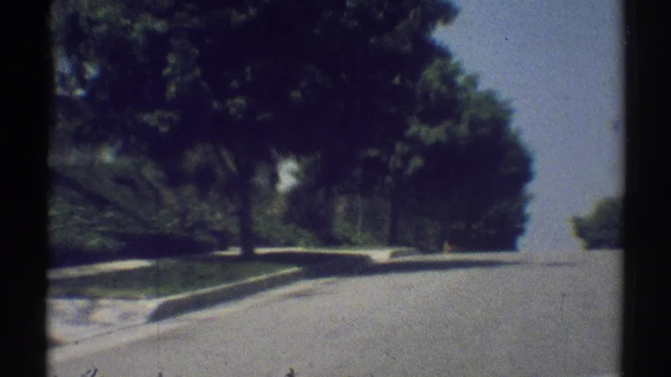 Soft 8mm frame of a Woodland Hills residential road with trees, curb, lawn, and open sky.