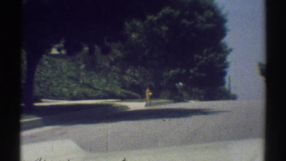 1969 Woodland Hills curbside view with a yellow fire hydrant, dense trees, sidewalk, and open suburban roadway.