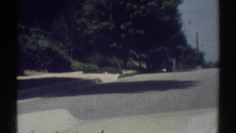 Woodland Hills suburban road view from inside a moving vehicle, with sidewalk, curb, mature trees, and deep pavement shadows.