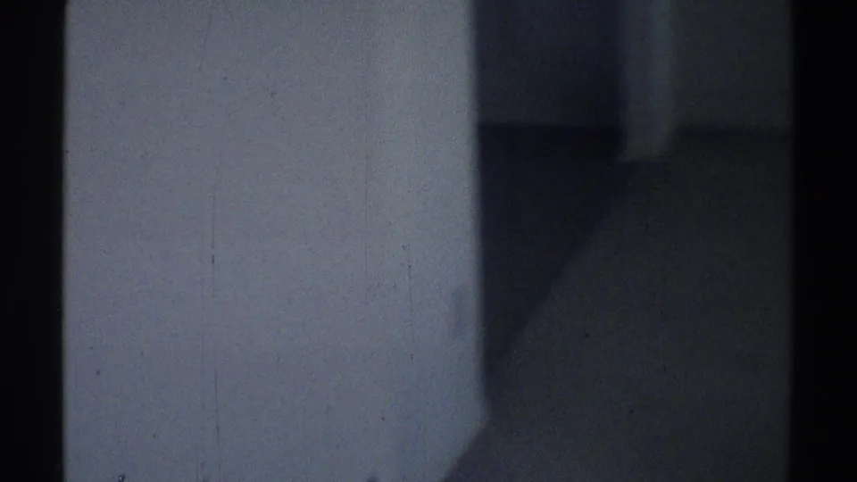 Soft 8mm view of a white interior wall and a darker carpeted passage inside the Woodland Hills house.