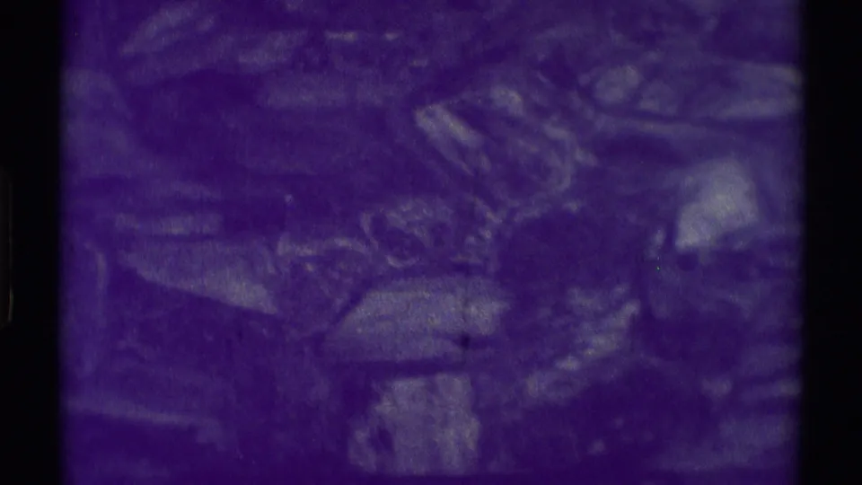 1969 Woodland Hills home-movie frame showing a close, purple-tinted view of a textured stone or patterned fireplace area.