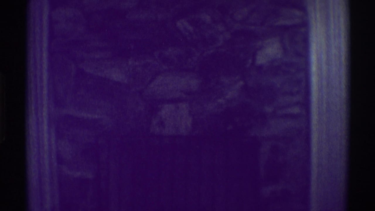 1969 Woodland Hills home-movie frame showing a dim stone fireplace wall with framed art and heavy purple color shift.