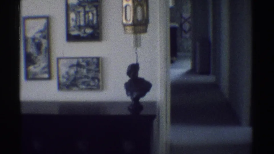 1969 Woodland Hills home hallway area with framed art, a wall fixture, decorative bust, and carpeted passage beyond.
