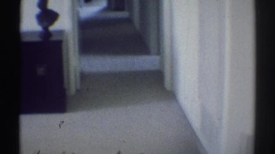 1969 Woodland Hills home interior looking down a carpeted hallway past white doors, dark furniture, and a decorative bust silhouette.