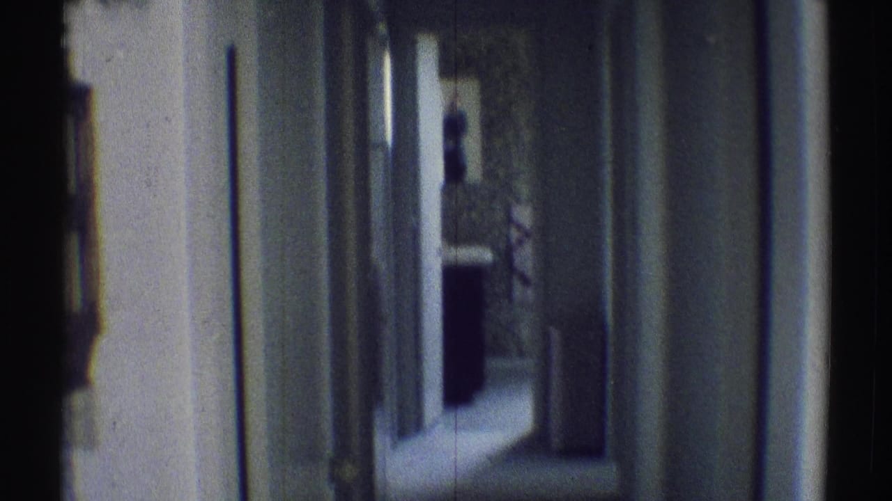Dim hallway with white door frames, patterned wallpaper, and a dark figure near the far doorway.