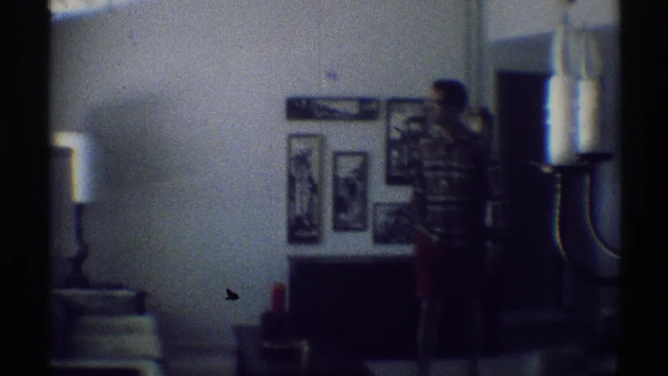 In a 1969 Woodland Hills living room, a man in a striped shirt and brown shorts stands near framed pictures, a lamp, and a window.