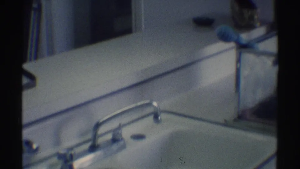 The camera lands on a bathroom sink and faucet in the same Woodland Hills home, showing countertop edges and nearby fixtures.