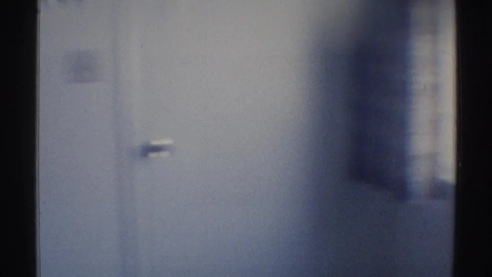 Blue-toned 1969 Woodland Hills home interior showing a pale wall, door or cabinet edge, and blurred window light.