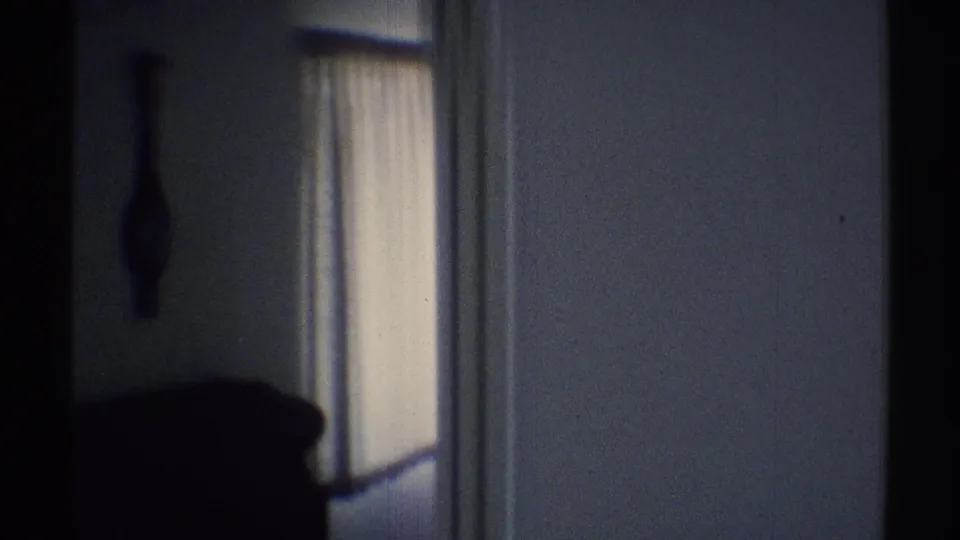 1969 home interior in Woodland Hills showing a window with blinds, a small wall hanging, pale walls, and a dark furniture back.