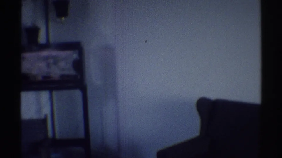 Late-1960s home-movie frame showing a white interior wall, narrow shelving unit with potted plants, and the edge of a dark couch.