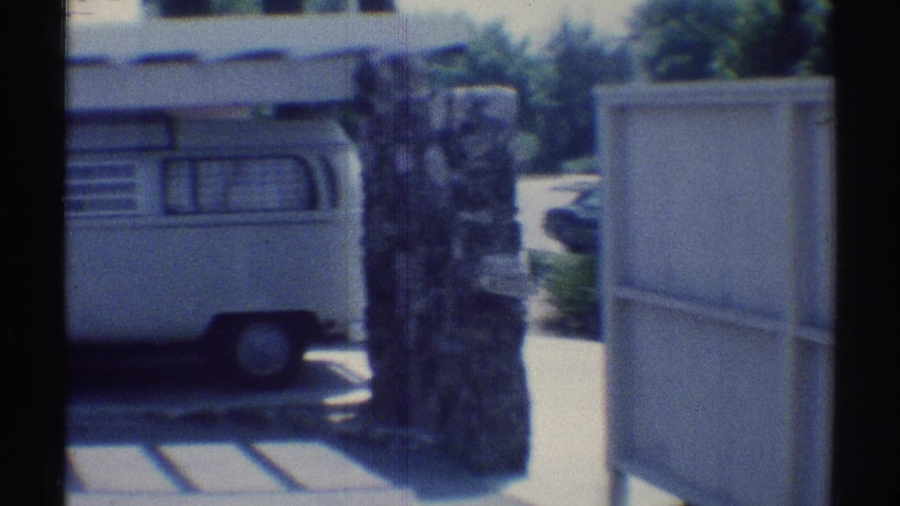 1969 Woodland Hills home-movie view through a window, with a white van, stone pillar, driveway area, and sunlit street beyond.
