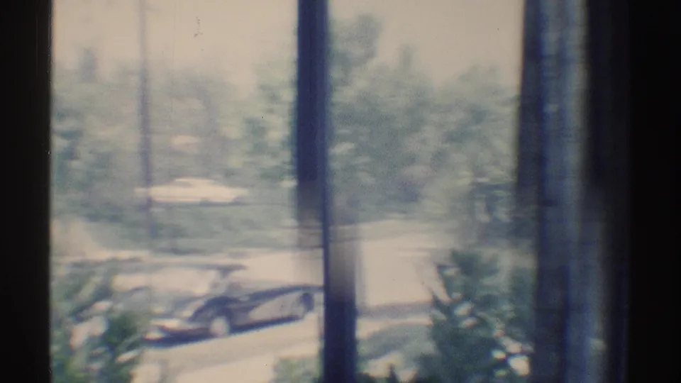 Interior window view in Woodland Hills, California, showing a parked dark car, street foliage, and soft 8mm exposure.
