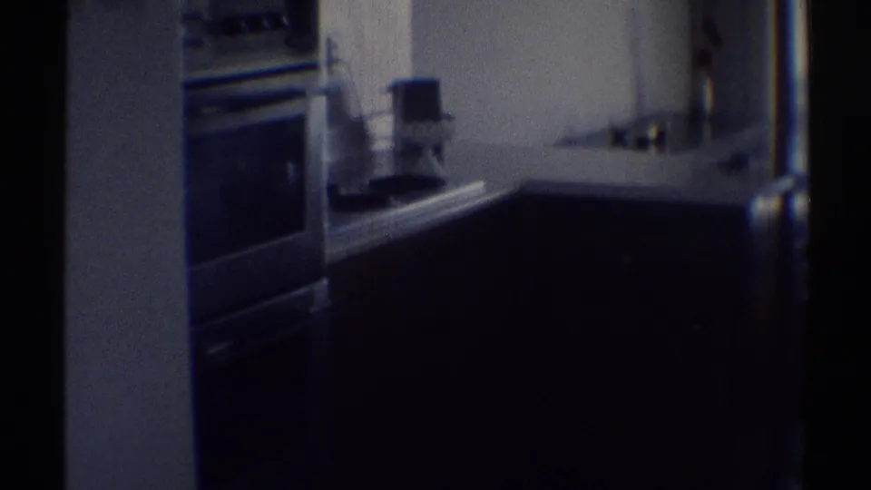 Brief 1969 home-movie glimpse of a dim Woodland Hills kitchen with a wall oven, counter, and window light.
