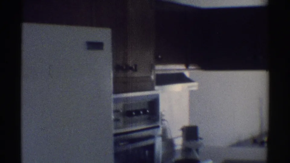 Woodland Hills kitchen interior from 1969 showing a white refrigerator, built-in oven, countertop, and dark cabinetry.