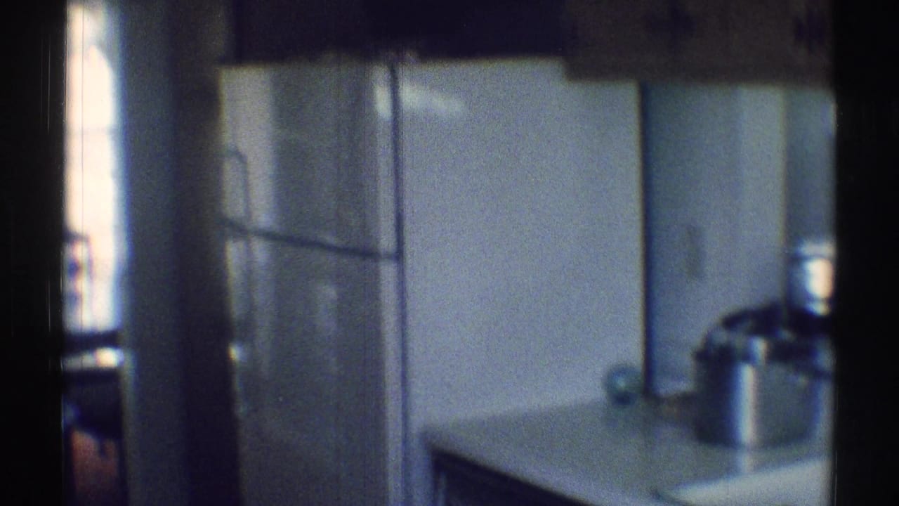 Dim kitchen view with a refrigerator, counter, metal pot, and window light.