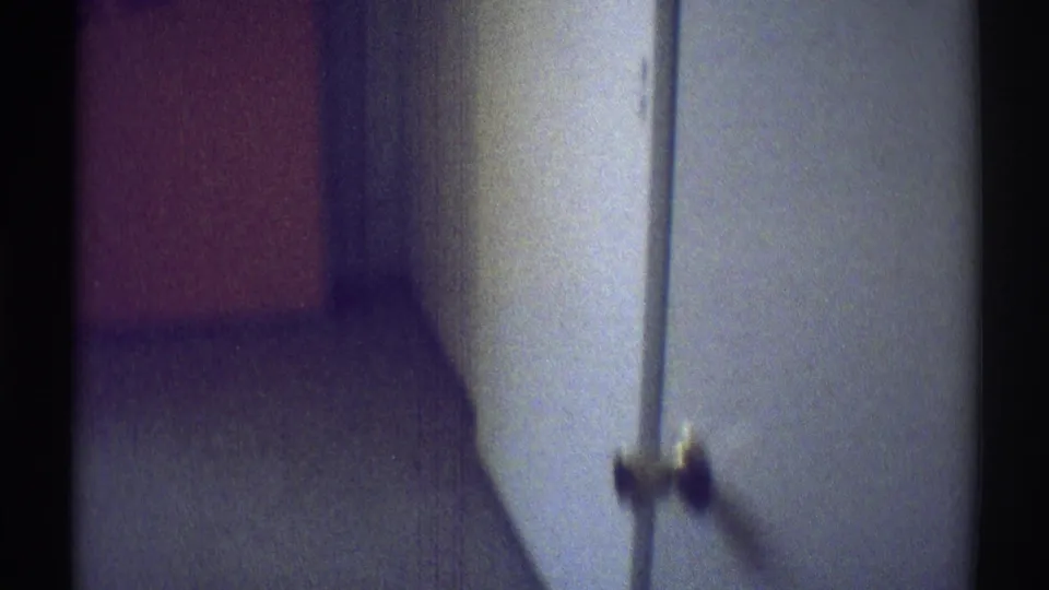 A 1969 Woodland Hills bedroom frame shows pale closet doors, a doorknob, carpet, and an orange wall edge.