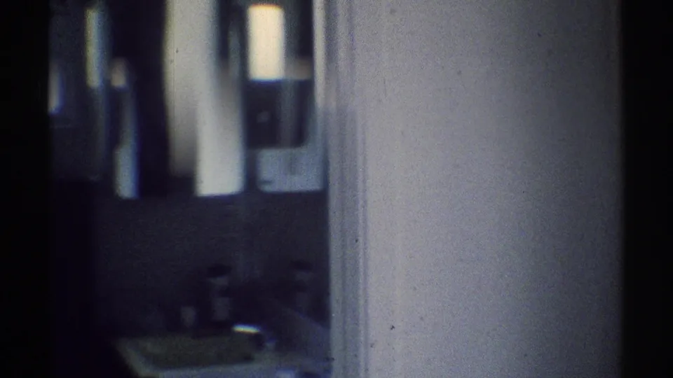 Handheld 8mm frame inside the private home, showing a dim passage, wall surfaces, and a partial view toward the bathroom area.